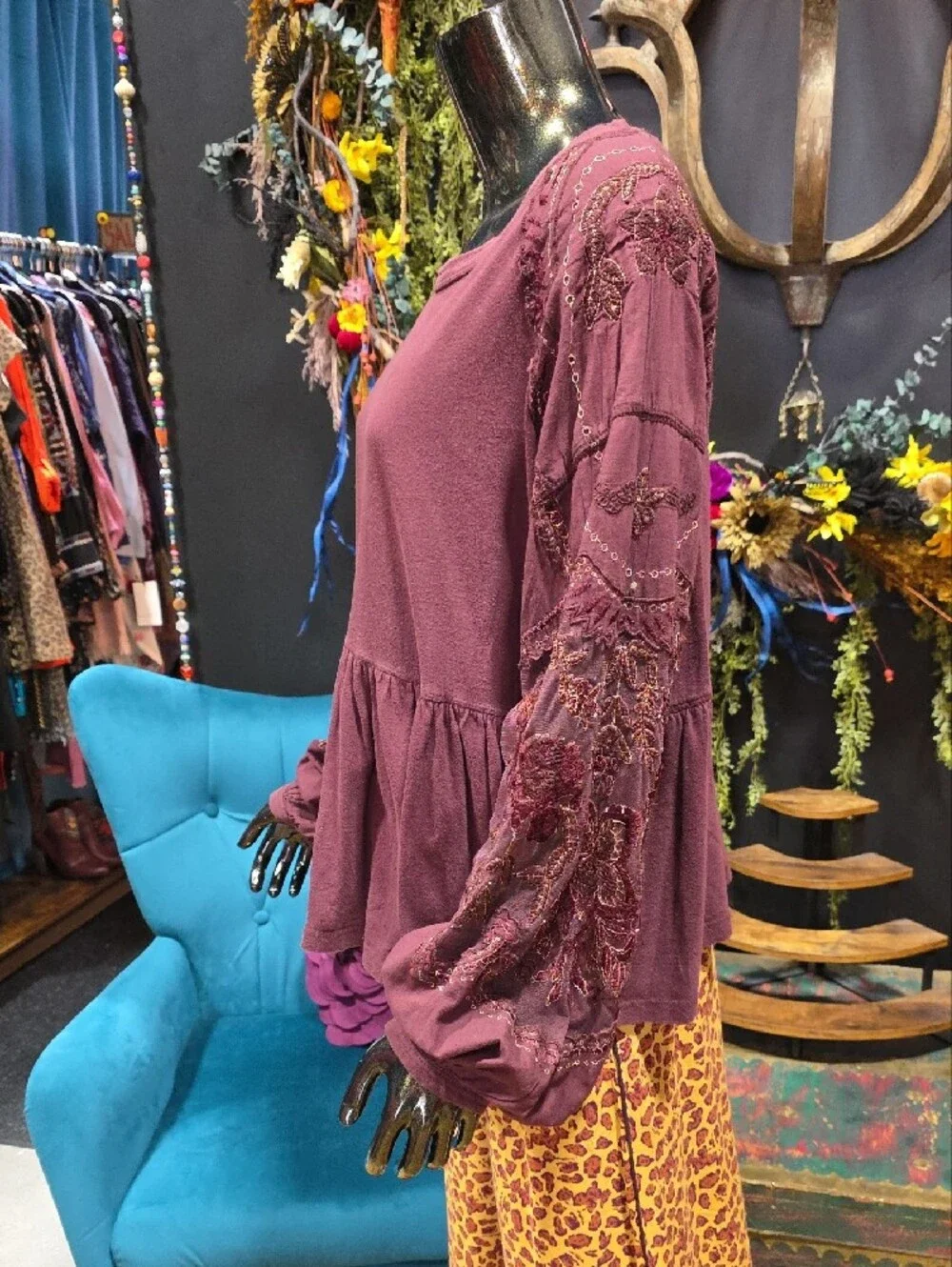 Free People Maroon Embroidered Peplum Long-Sleeve Top